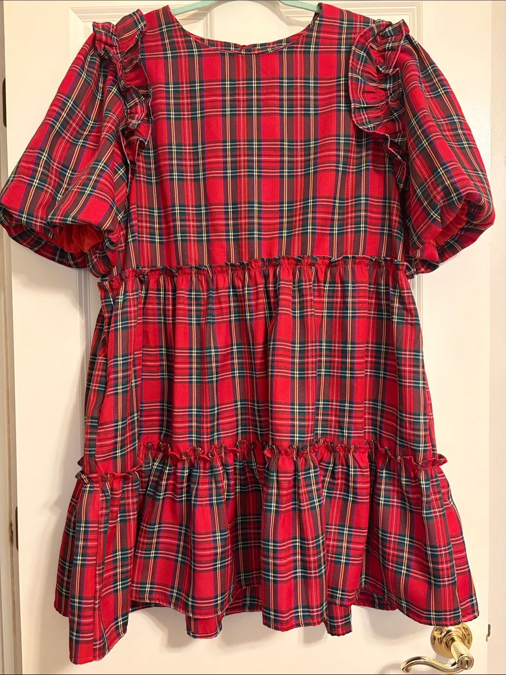 entro Red Plaid Ruffle Sleeve Mini Dress